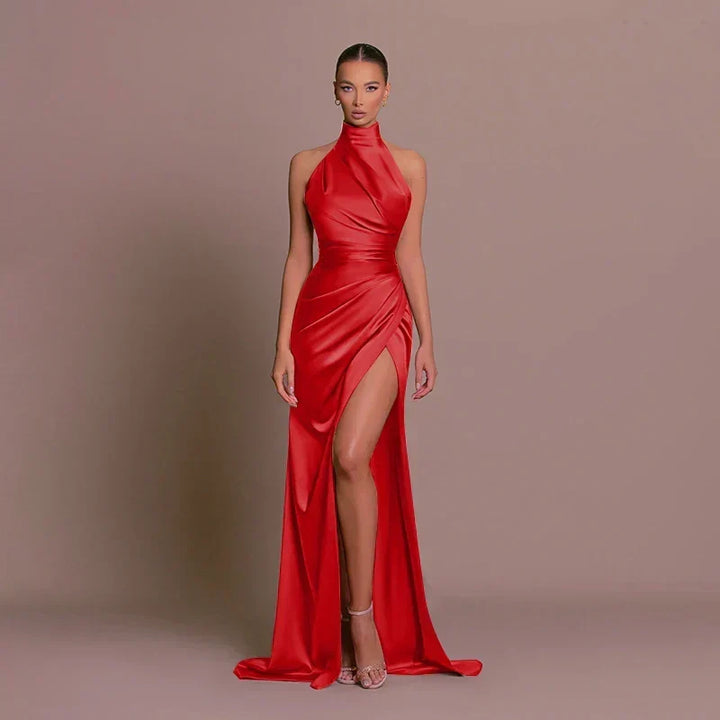 Red high-slit evening gown, a sophisticated maxi dress for women's formal events & parties.