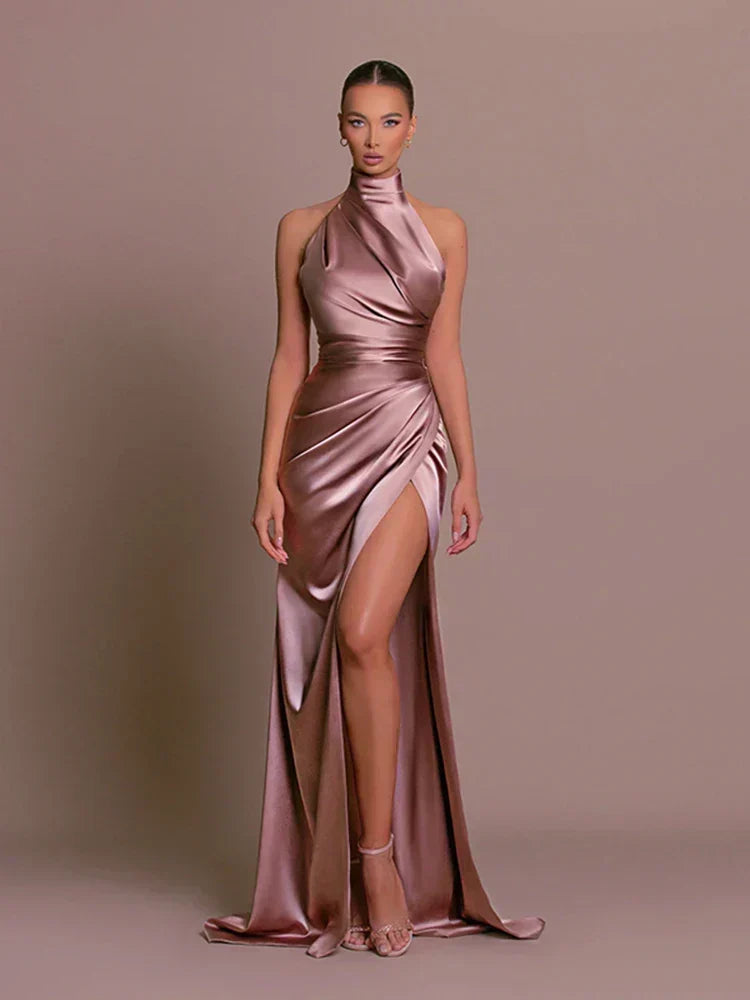 Elegant high-slit party dress for women, a long formal gown perfect for special evening occasions.
