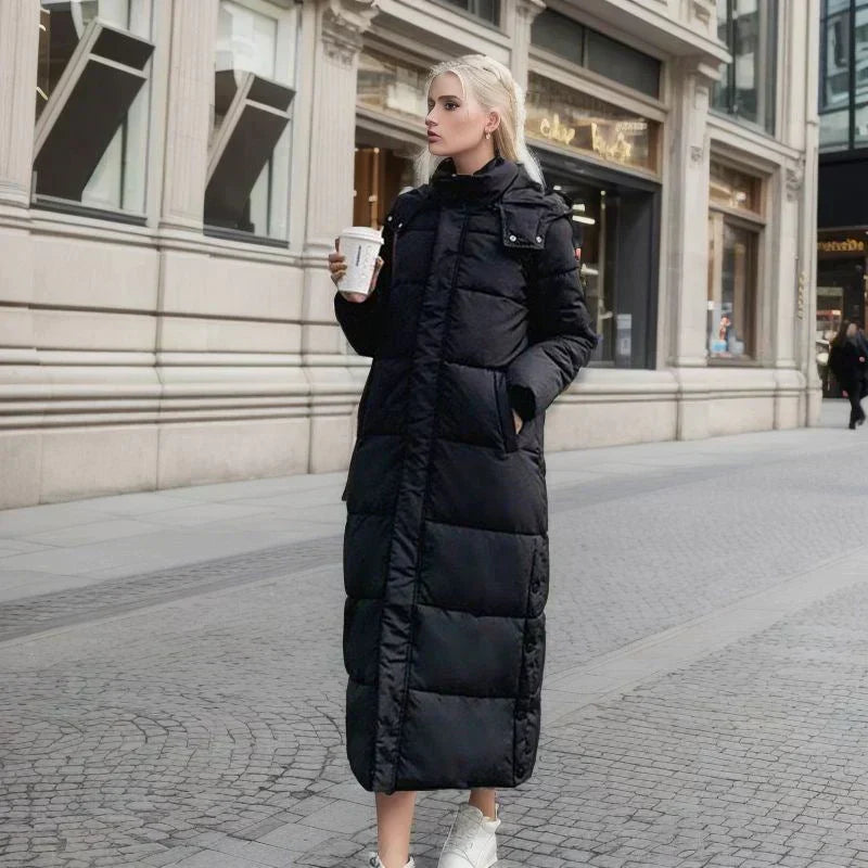 Elegant Isabella long women's winter coat, warm outerwear for cold weather fashion.