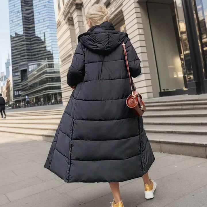 Full length view of Isabella women's winter coat, stylish & warm outerwear for cold weather.