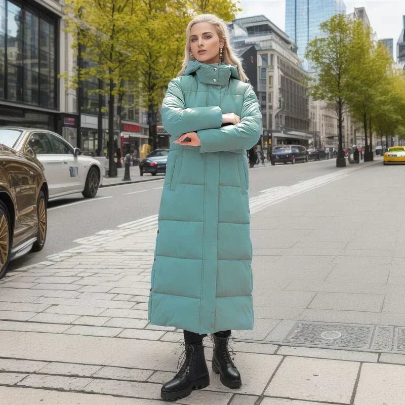 Luxurious Isabella long women's winter coat, stylish warm outerwear for elegant cold weather.
