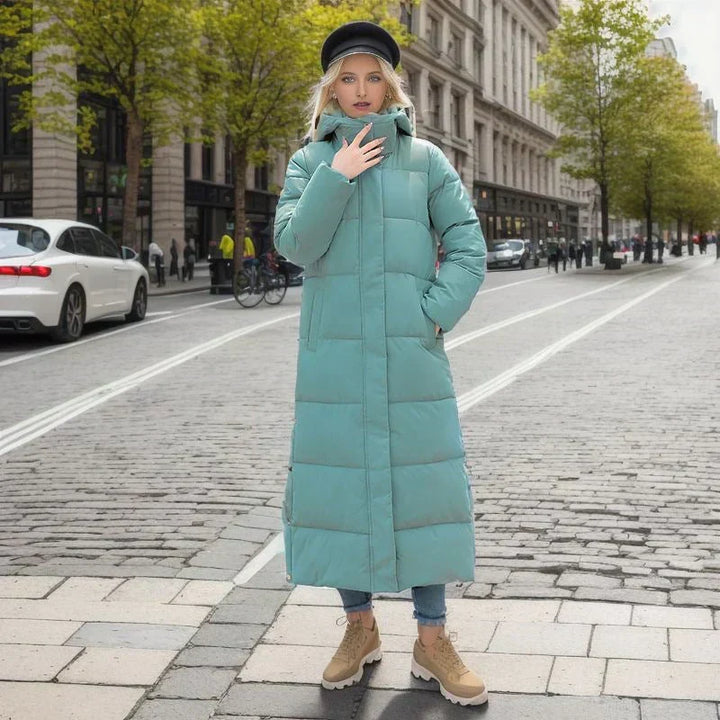 Isabella long women's winter coat, showcasing elegant design and warm cold weather protection.