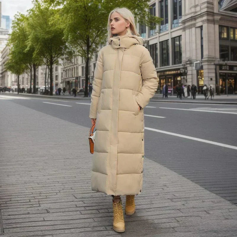 Close-up of elegant details on Isabella long women's winter coat, stylish warm outerwear.