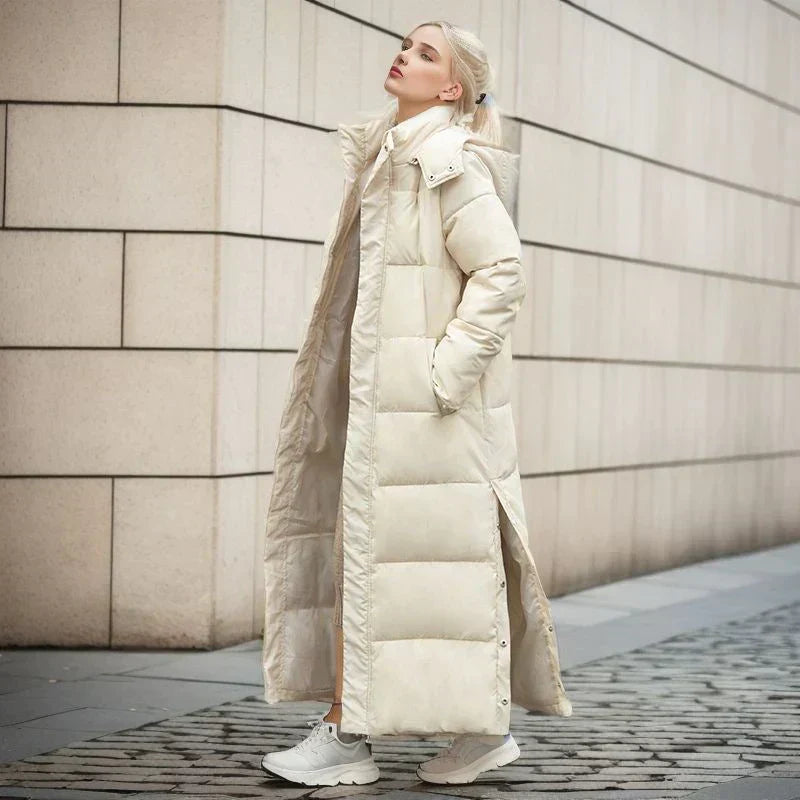 Front view of Isabella long women's winter coat, showcasing stylish & warm outerwear.