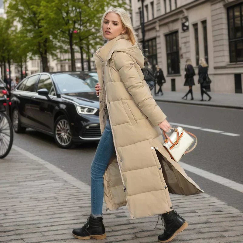 Side profile of women wearing Isabella long winter coat, elegant & warm cold weather fashion.