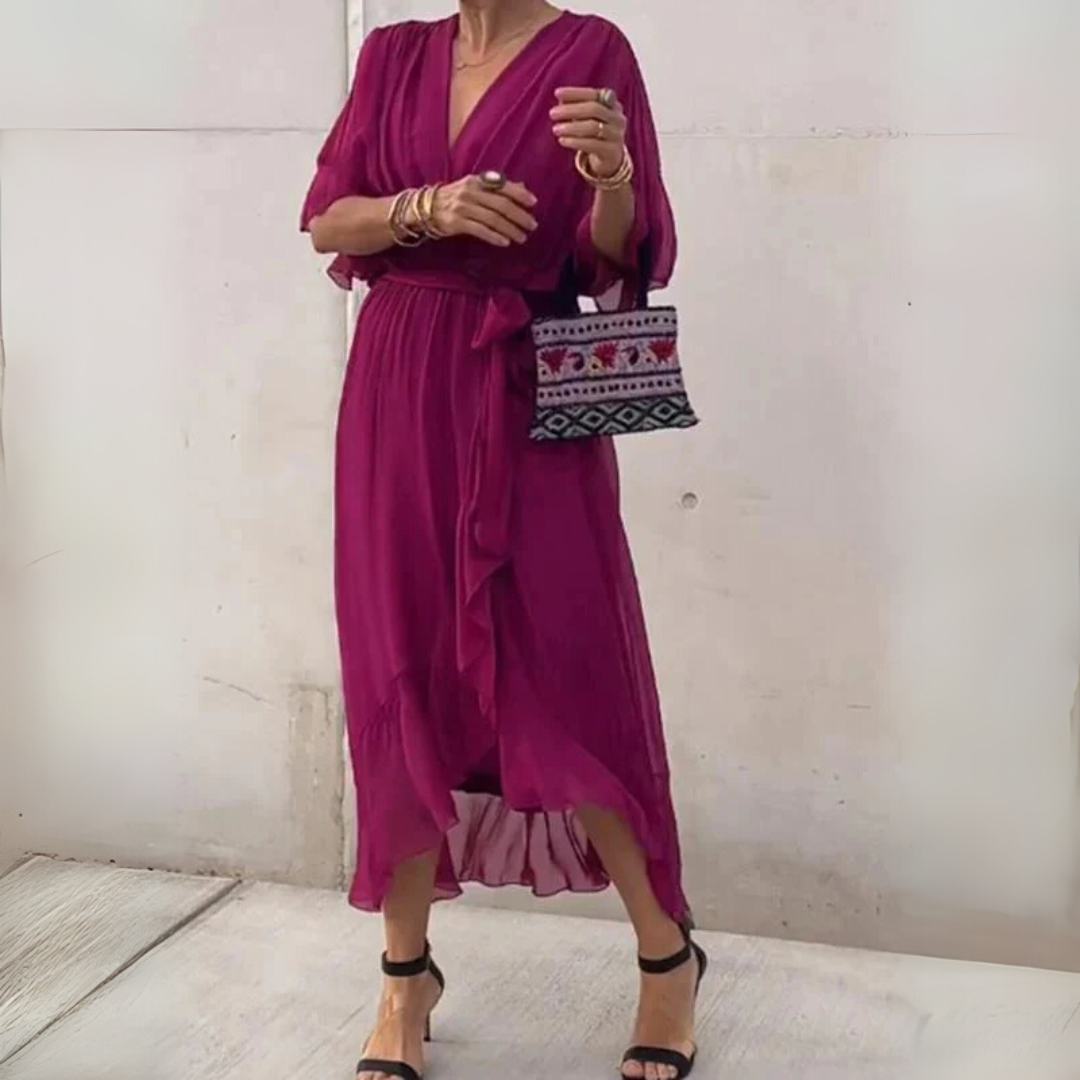 Women's charming short-sleeve V-neck wrap dress, great for both casual and dressy events.