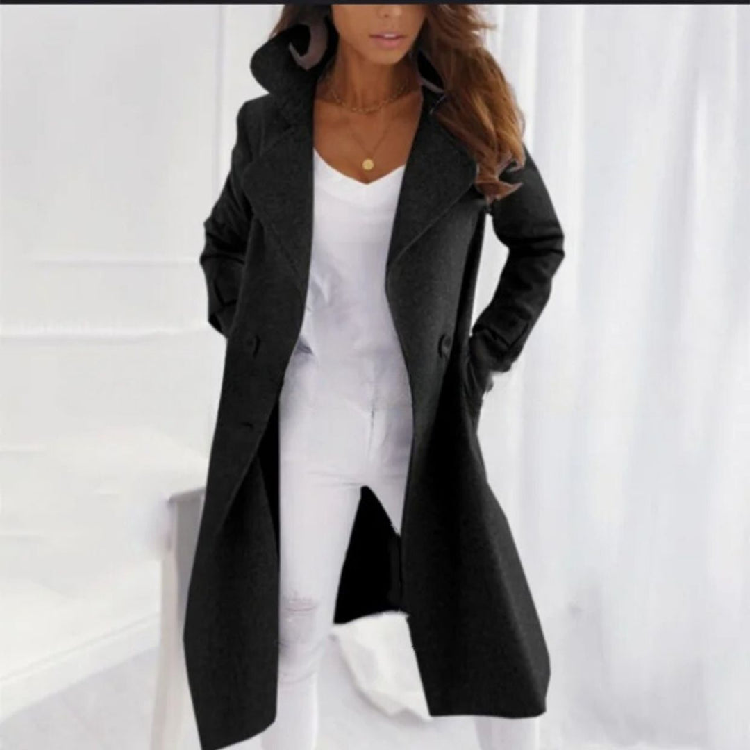 Stylish & warm long coat for women, featuring a classic turn-down collar. Ideal elegant fall & winter outerwear.