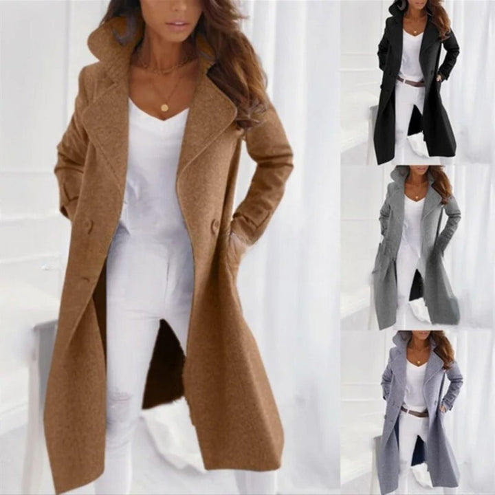 Chic long women's coat with a sophisticated turn-down collar. Essential elegant outerwear for fall & winter fashion.