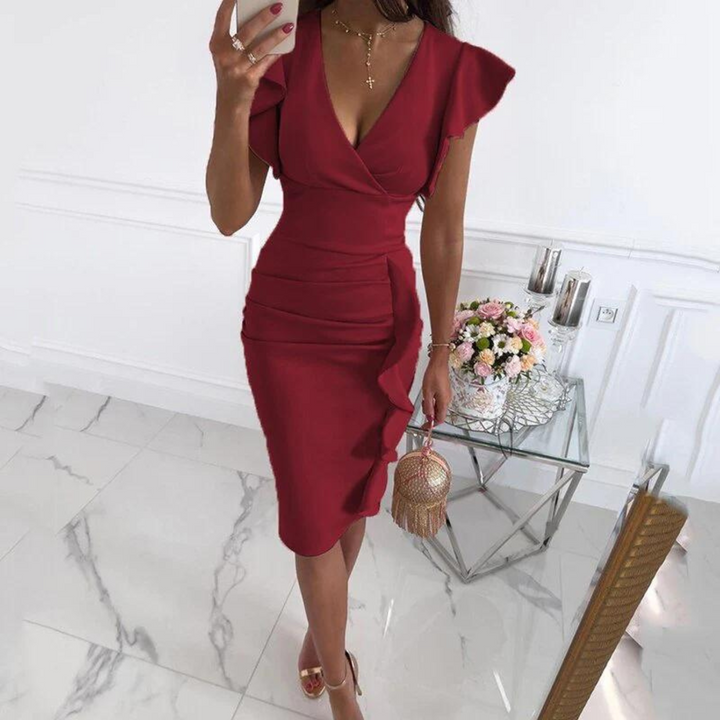 Elegant women's V-neck dress by Maud, with stylish pleated sleeves suitable for any event.