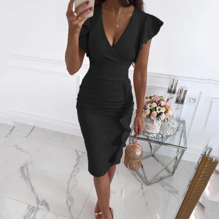 Stylish V-neck dress with pleated sleeves by Maud, a versatile women's fashion piece.