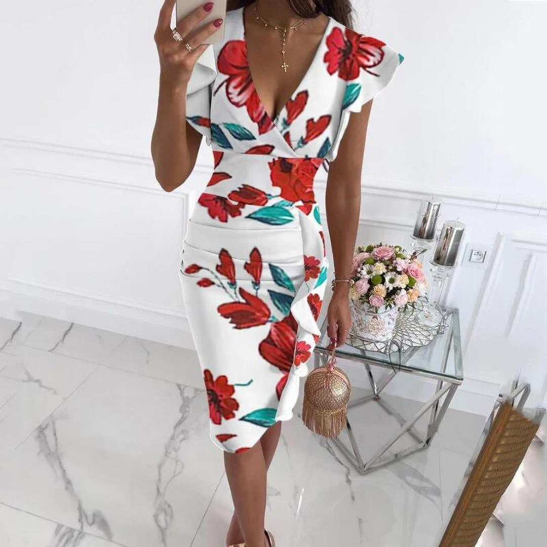 Stylish Maud V-neck dress with sophisticated pleated sleeves, an elegant choice for women.