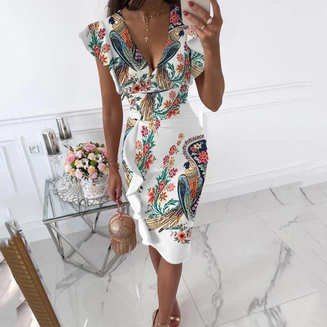 Maud women's V-neck dress with pleated sleeves, a perfect blend of style and comfort for summer.