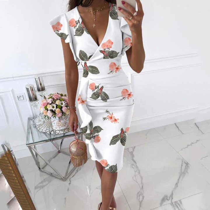 Summer fashion: Maud's elegant V-neck dress with beautiful pleated sleeves for women.