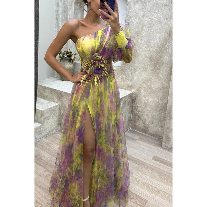 Elegant women's sheer floral maxi dress with asymmetrical neckline, perfect for special occasions & evening parties.