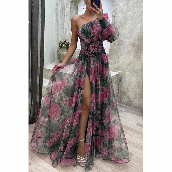 Stunning women's long floral maxi gown featuring an elegant sheer design & asymmetrical neckline for formal events.