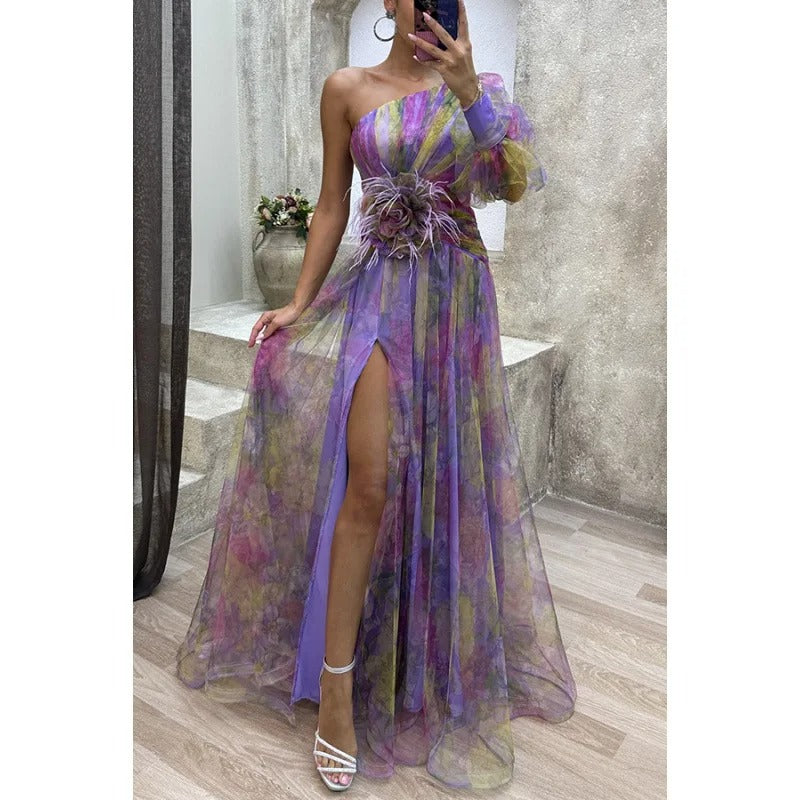 Beautiful women's floral print maxi dress, a sheer and elegant design with asymmetrical neckline for parties.