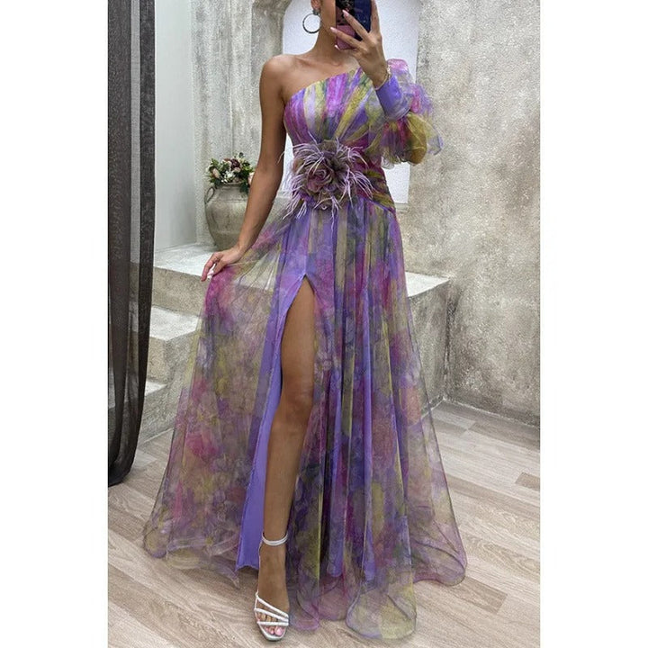 Beautiful women's floral print maxi dress, a sheer and elegant design with asymmetrical neckline for parties.