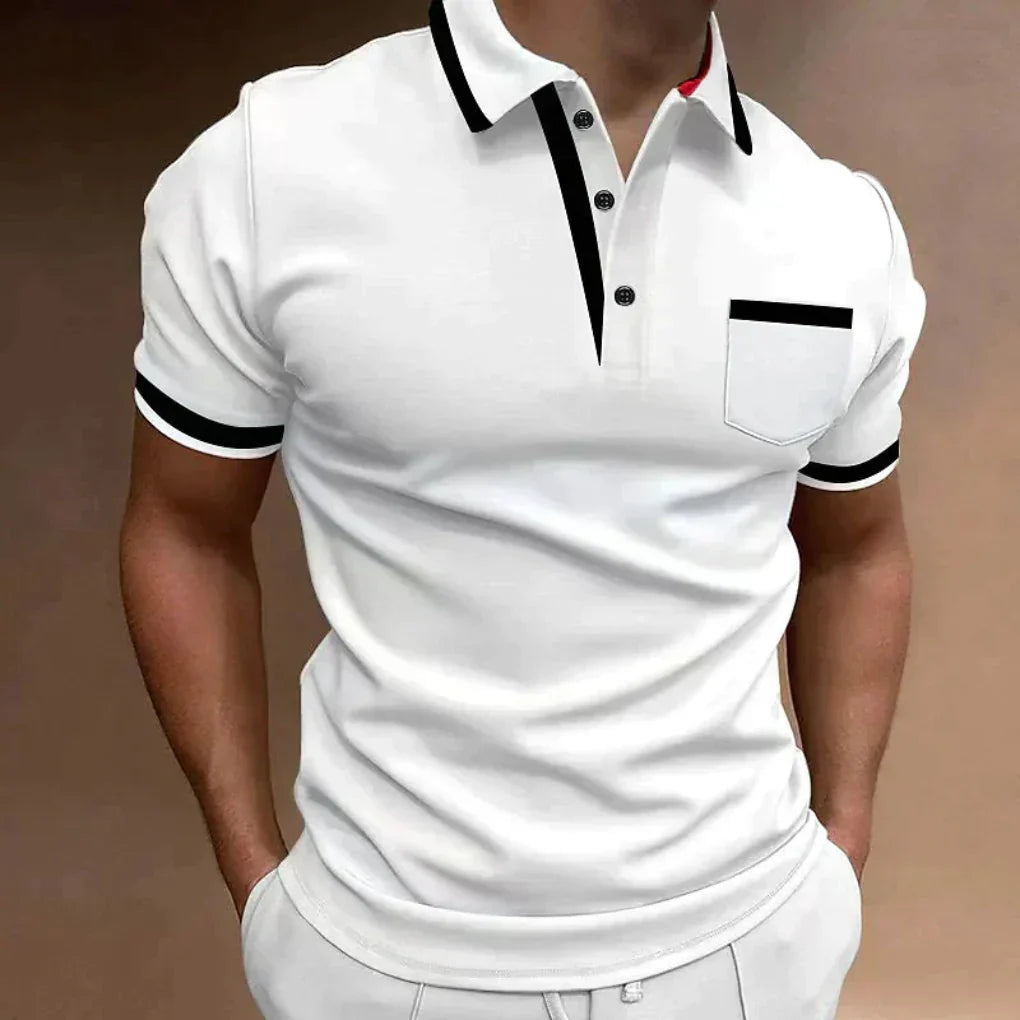 Men's elegant classic fit polo shirt, versatile for smart casual office attire or comfortable everyday wear. Short sleeve.