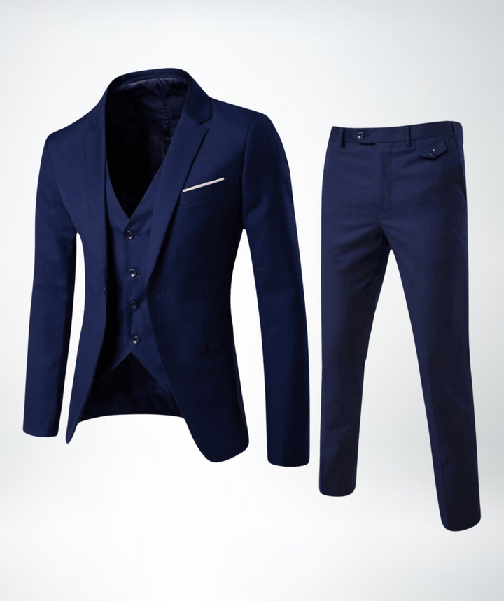 Elegant men's three-piece suit for formal occasions like weddings & business. Classic tailored menswear.