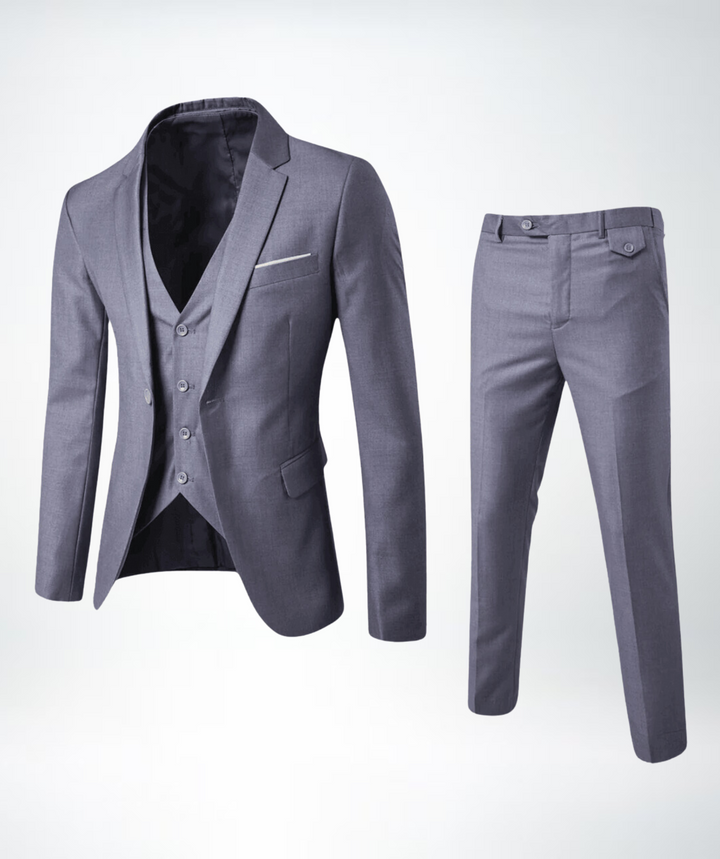Classic men's formal suit set with jacket, vest, and trousers. Ideal for elegant business or wedding wear.