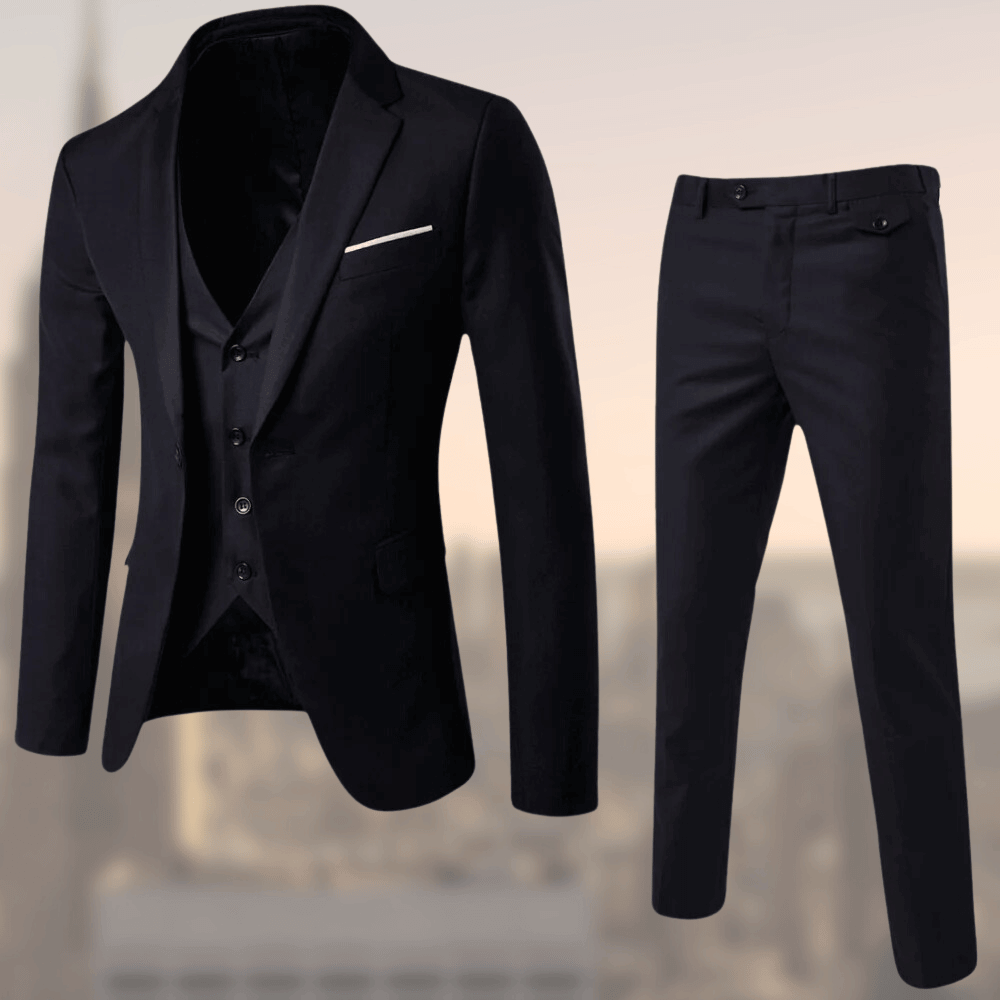 High-quality men's suit, complete with jacket, waistcoat, & pants. Essential formal wear for stylish men.