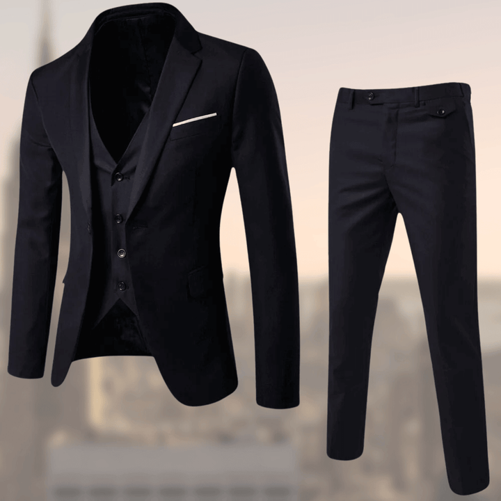 High-quality men's suit, complete with jacket, waistcoat, & pants. Essential formal wear for stylish men.