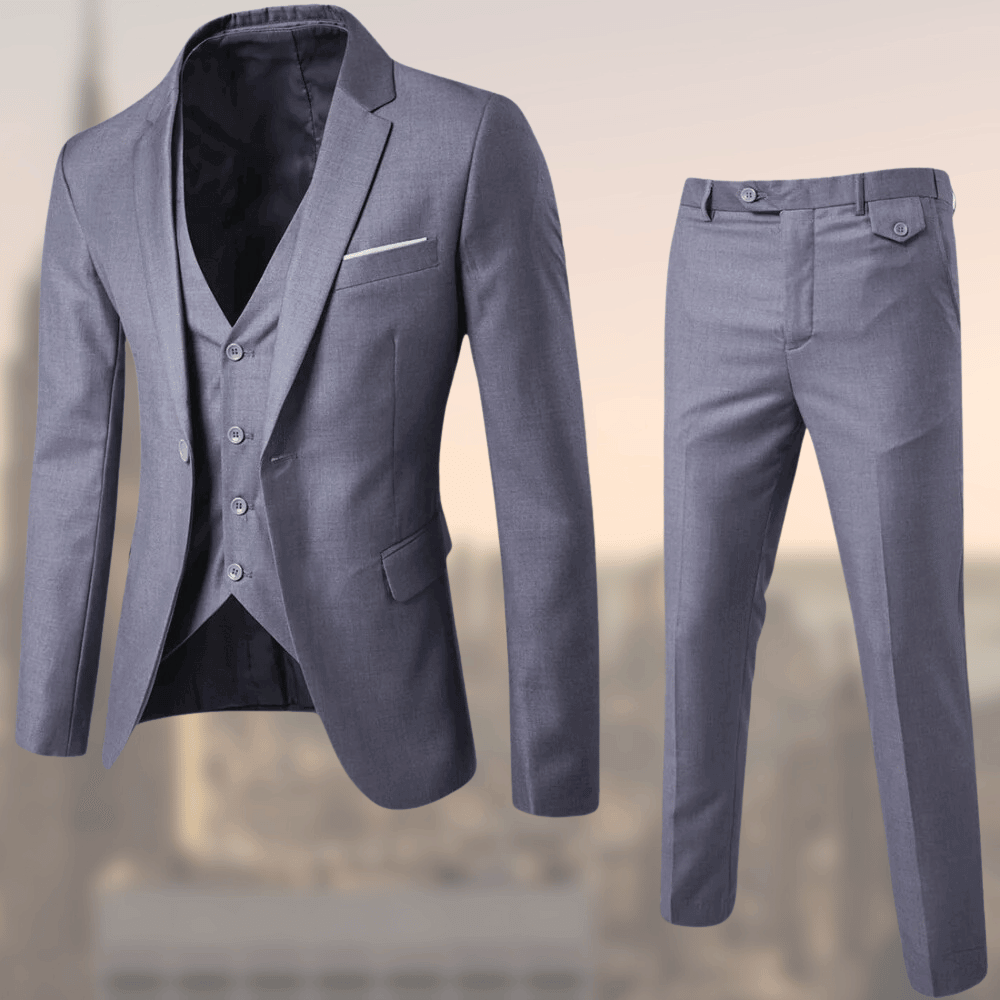 Versatile men's formal suit for business meetings, weddings, and special events. Elegant three-piece design.