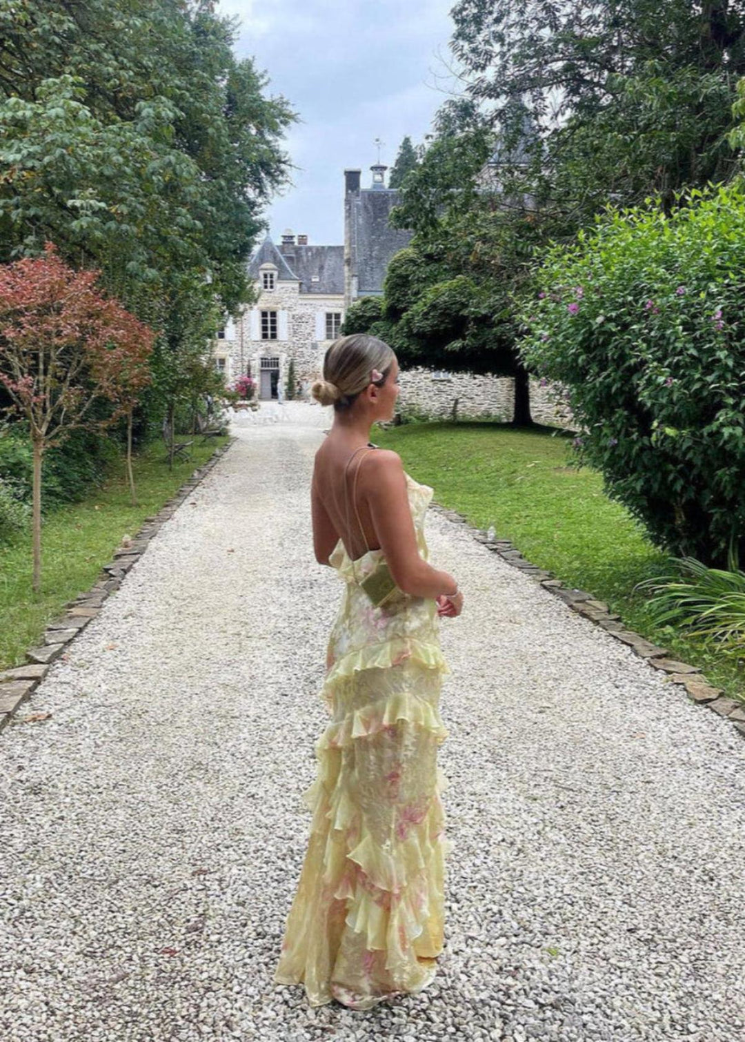 Chic yellow floral print maxi dress for women, ideal for parties and formal occasions.