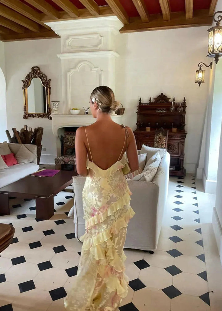 A-line floral maxi dress in soft pink, designed for elegant summer parties and events.