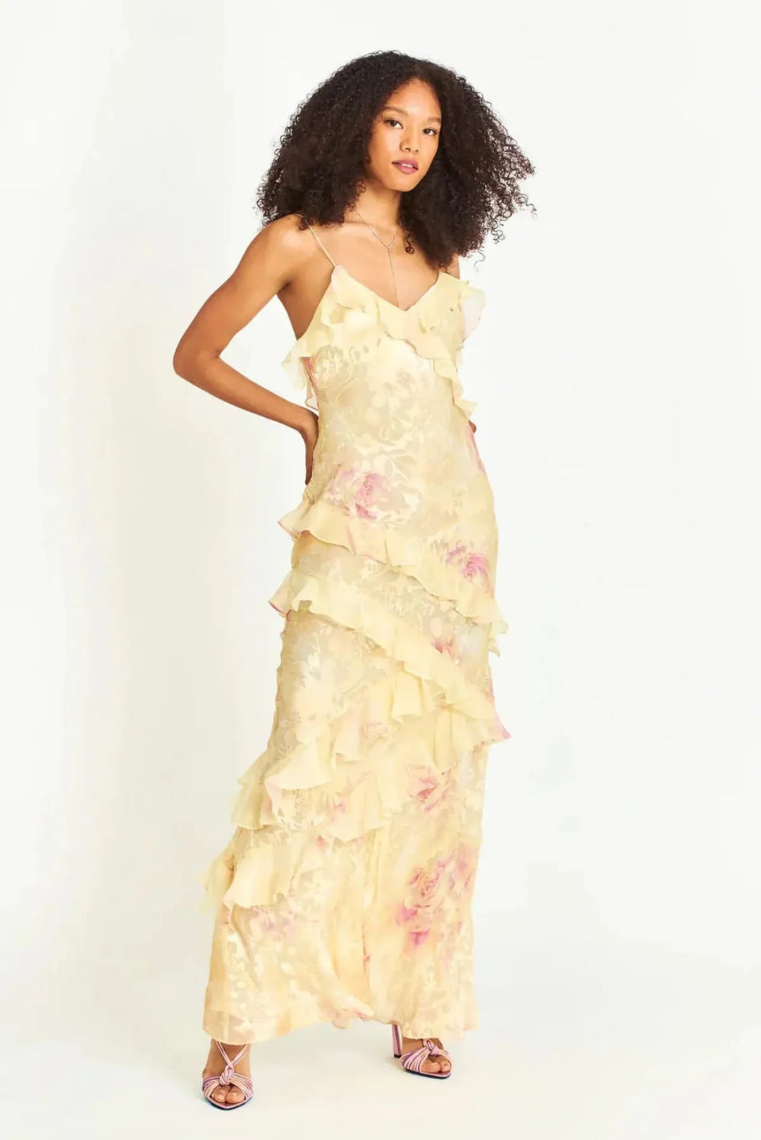 Women's elegant floral spaghetti strap maxi dress, perfect for weddings and formal events.