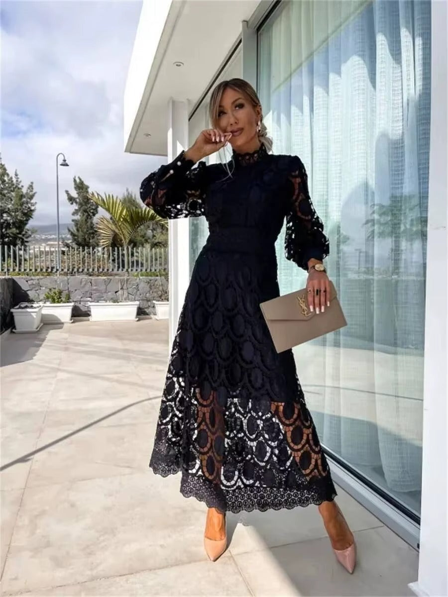 Flowy pink lace maxi dress perfect for summer parties