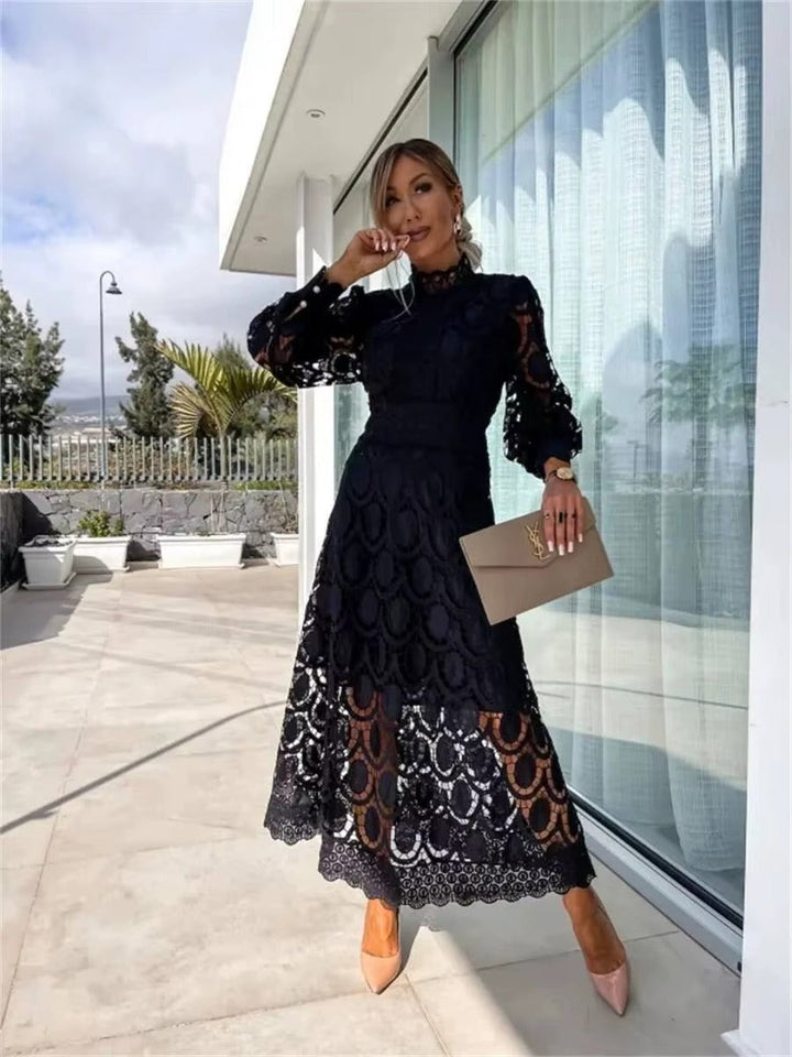 Flowy pink lace maxi dress perfect for summer parties