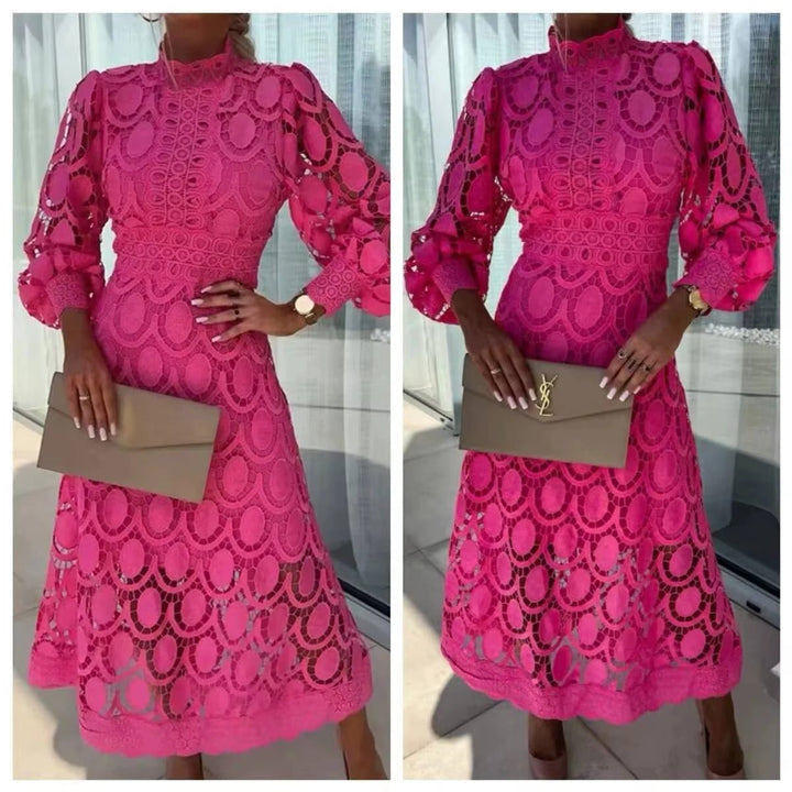 Short sleeve elegant pink lace maxi dress for summer events