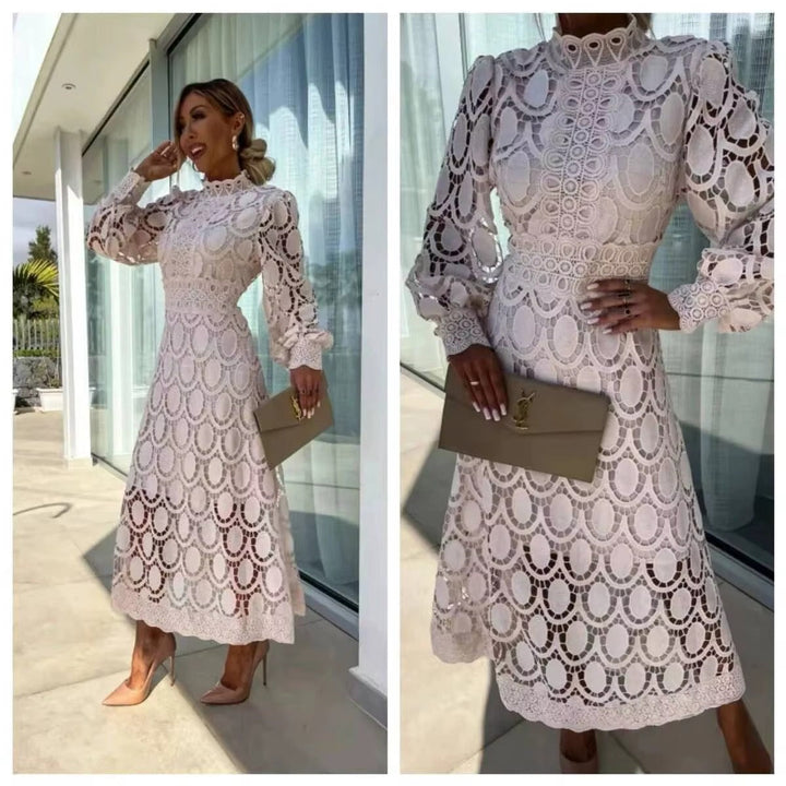 Romantic pink lace summer maxi dress, sophisticated design