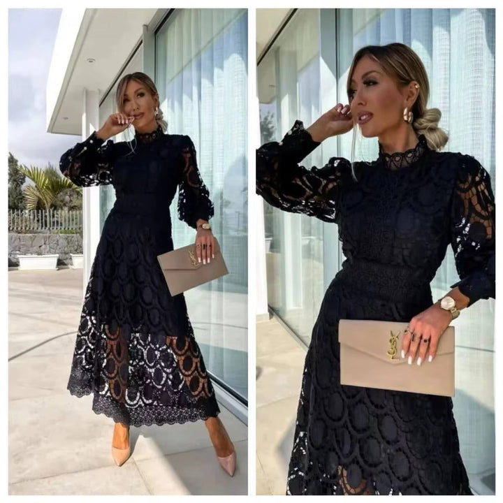 Women's elegant pink lace maxi dress, perfect for evening parties