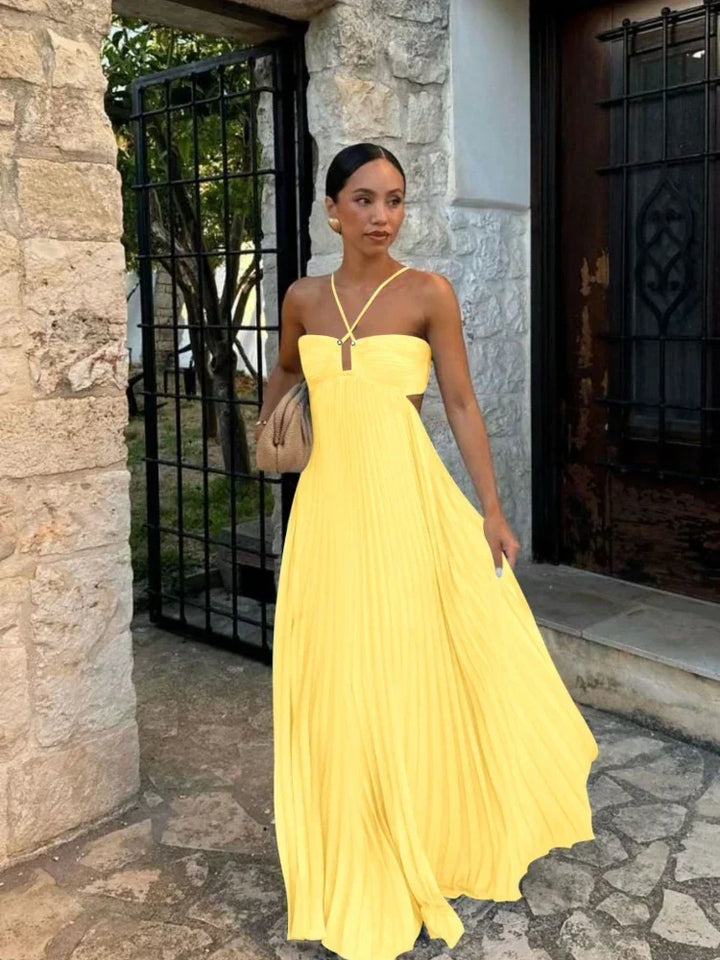 Comfortable coffee pleated maxi dress for women, ideal for elegant occasion wear and versatile fashion.