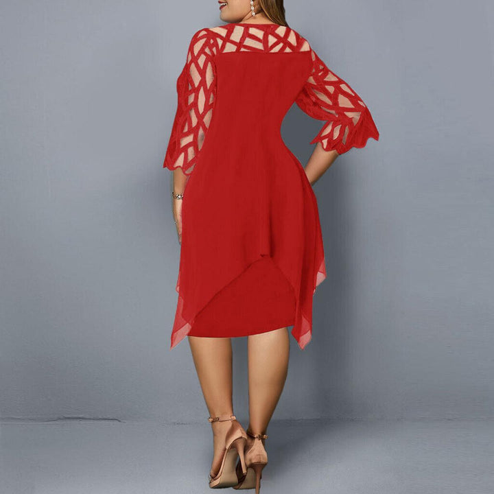 Luxurious plus size midi dress for women. An elegant evening & cocktail party fashion statement.