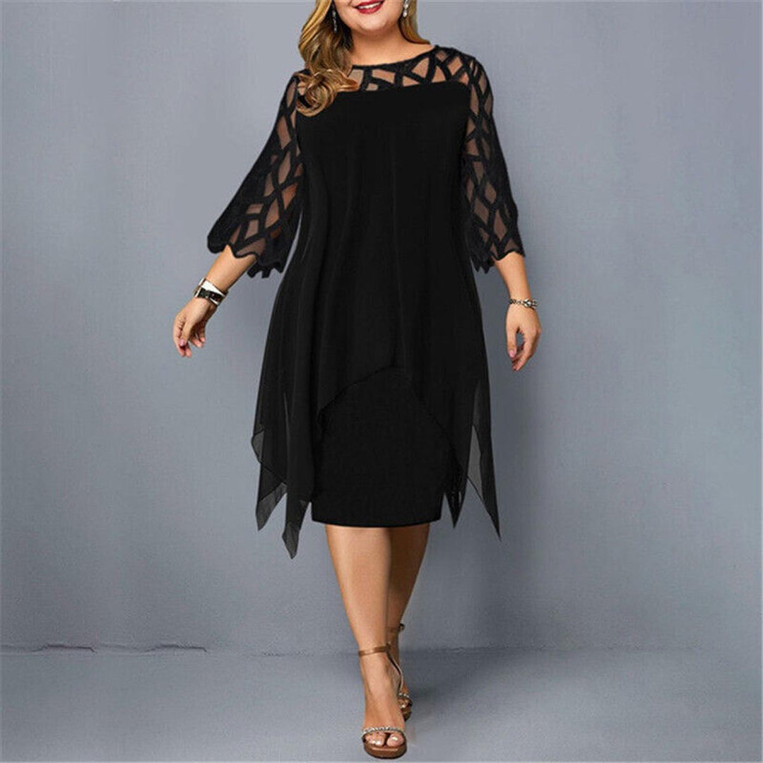 Graceful red plus size midi evening dress for women. Chic formal wear for cocktail parties & special events.