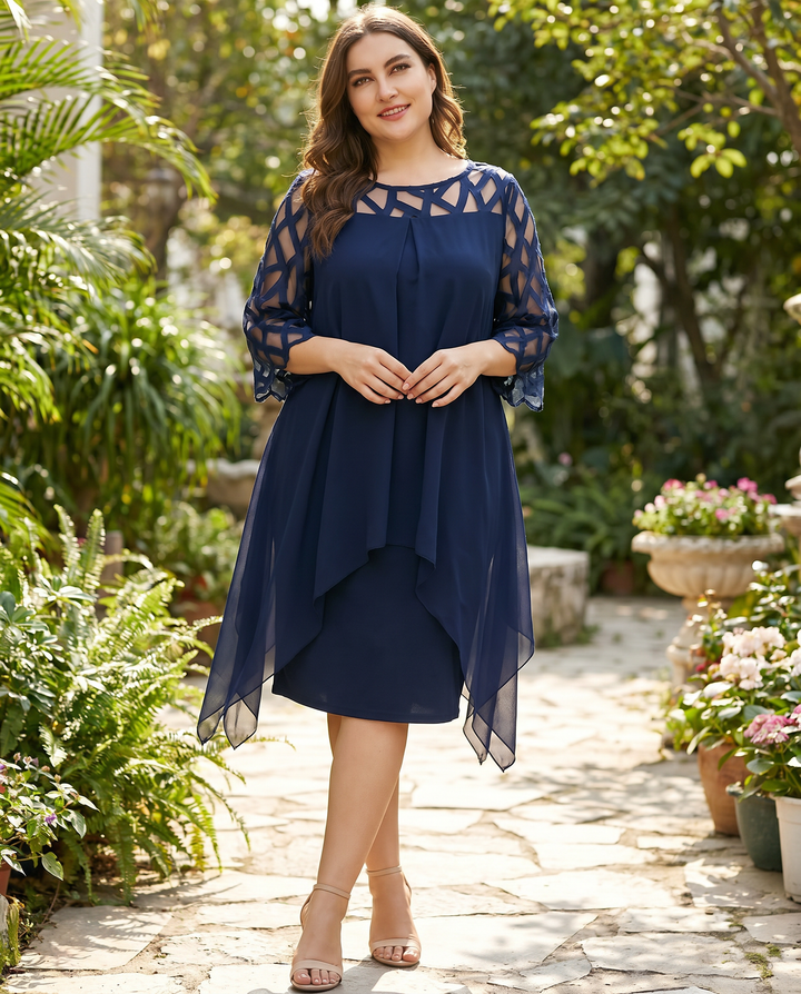 Flattering women's plus size midi dress for elegant evening wear. Ideal for cocktail parties & formal events.