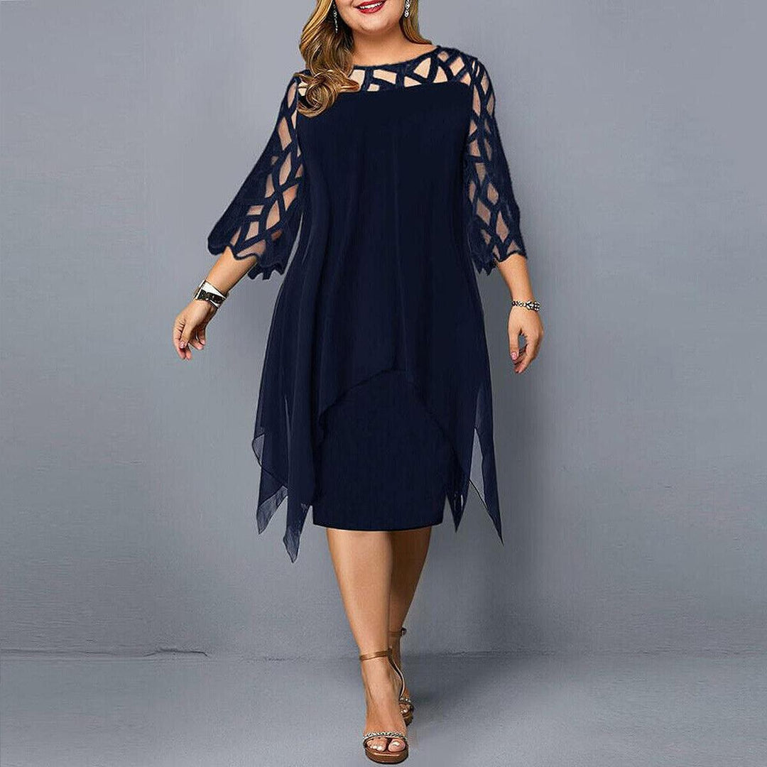 Beautiful navy plus size midi cocktail dress for women. Perfect for elegant evening events & formal parties.