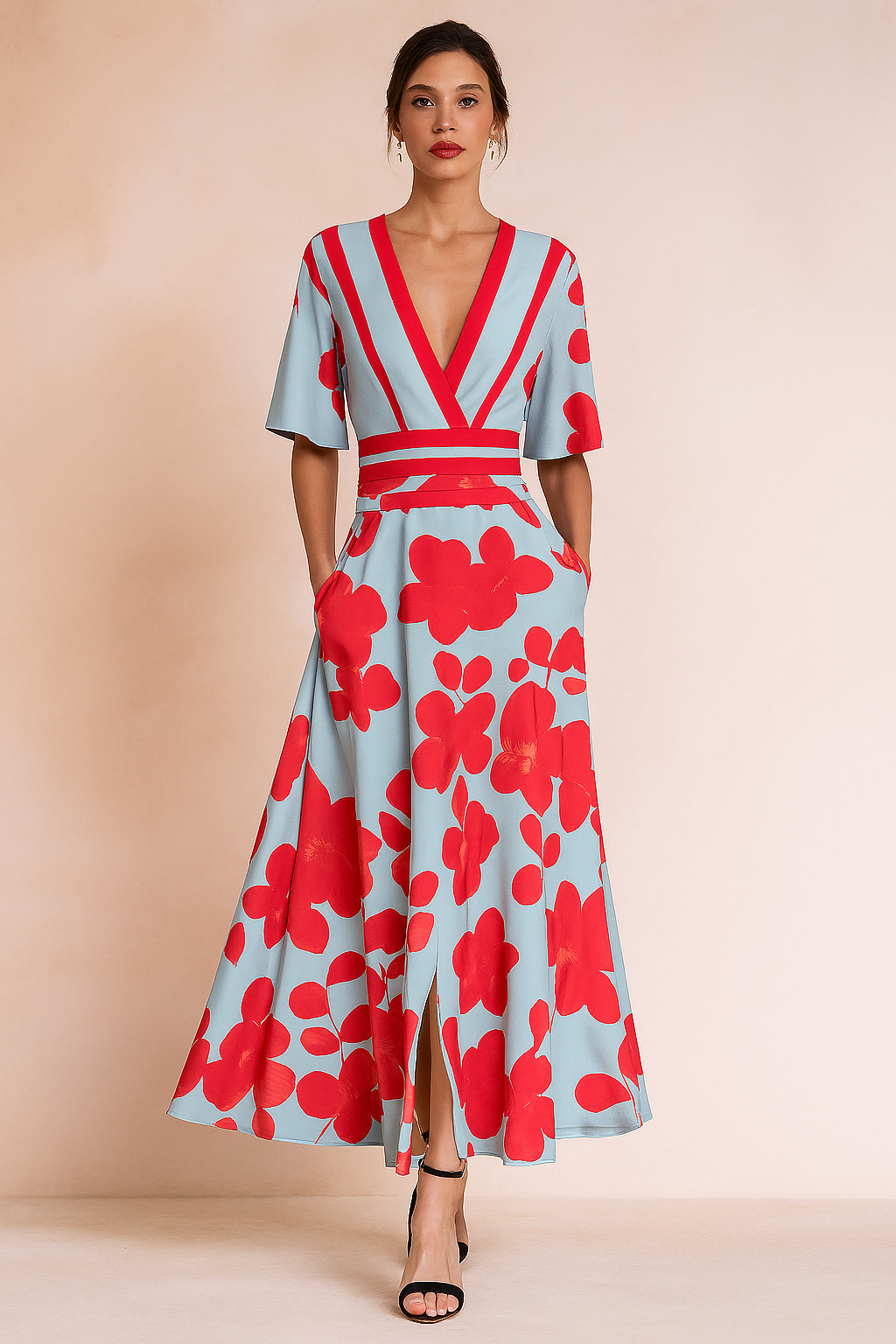 Elegant red floral print women's maxi dress, long & versatile for any occasion; timeless fashion.