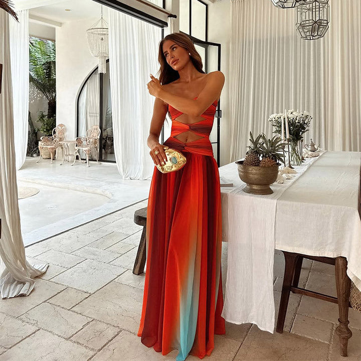 Chic red knot detail strapless maxi dress, perfect for prom or formal events.