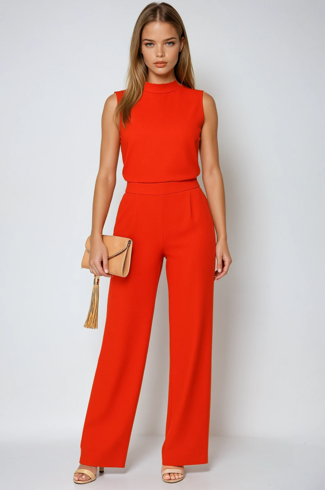 Elegant sleeveless mock neck wide leg jumpsuit for women. Versatile red jumpsuit.