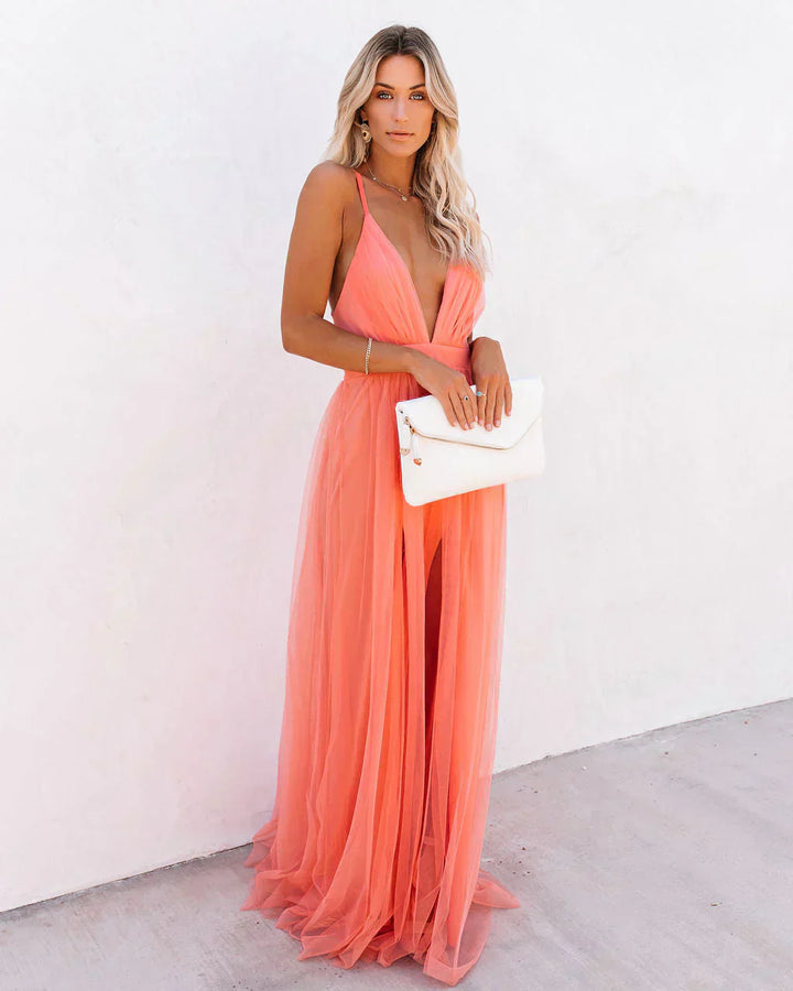 Graceful women's evening wear: a V-neck flowy summer maxi dress.