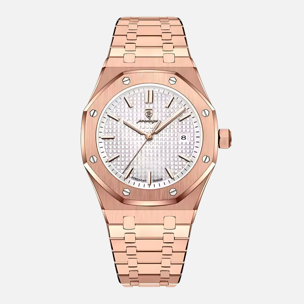 Close-up of a men's classic quartz watch dial, showcasing clear roman numerals and sleek stainless steel design.