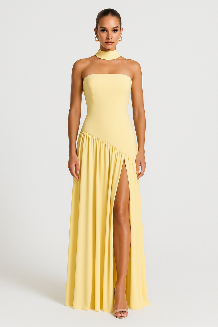 Elegant women's strapless evening gown with a high slit, ideal for formal events & chic party wear.