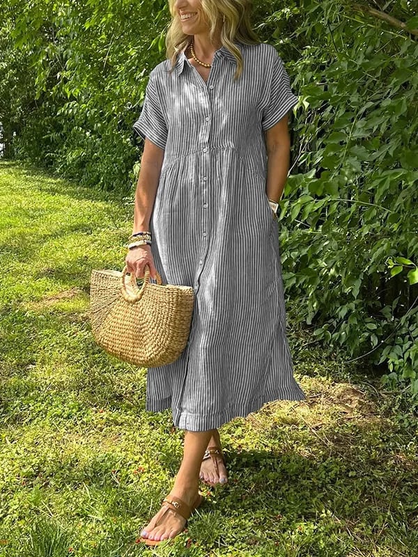 Sophisticated women's striped button-up, a versatile long sleeve shirt for elegant office or casual wear.
