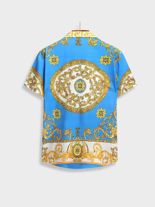 Side profile of men's elegant Italian Baroque summer set. Relaxed fit, stylish print, and comfortable design.
