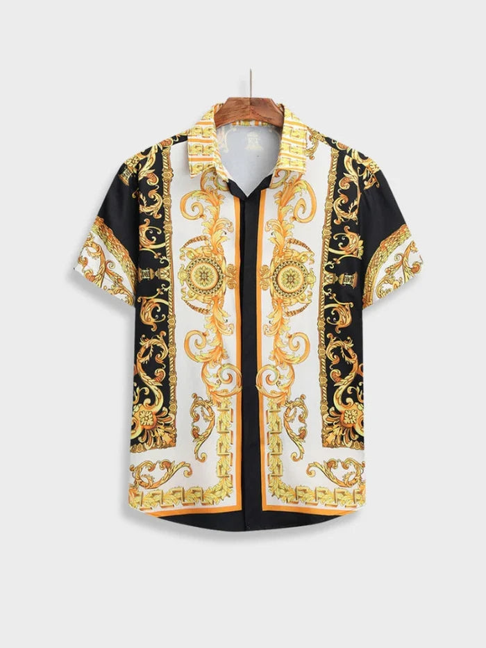 Full body shot of men's Baroque print summer set. Elegant two-piece outfit for stylish casual wear.