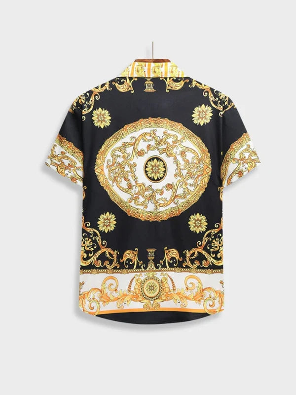 Close-up of intricate Italian Baroque pattern on men's elegant summer set fabric. High-quality detail.